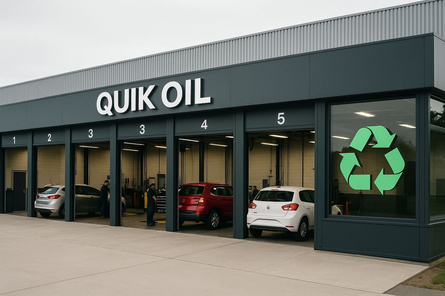 Quik Oil drive-through facility with modern design and recycling symbol